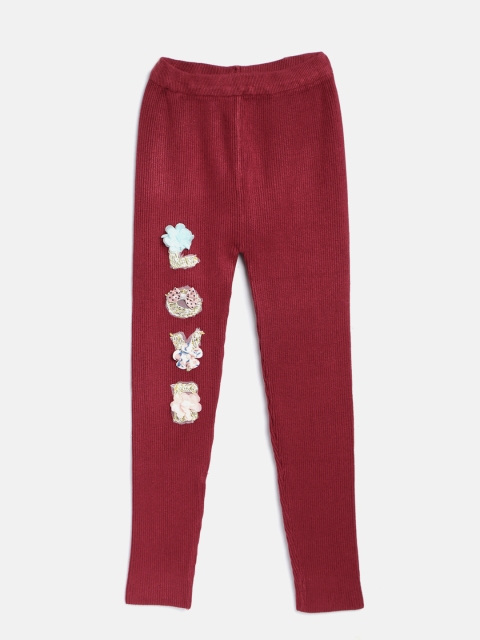 

Tiny Girl Maroon Ribbed Leggings with Applique Detail