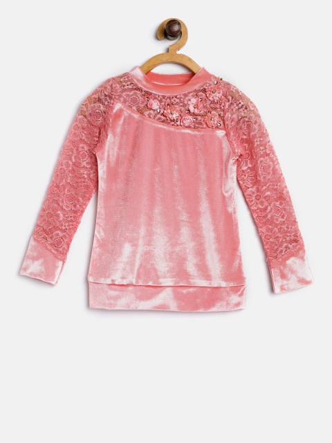 

Tiny Girl Pink Solid Top with Lace & Embellished Detail