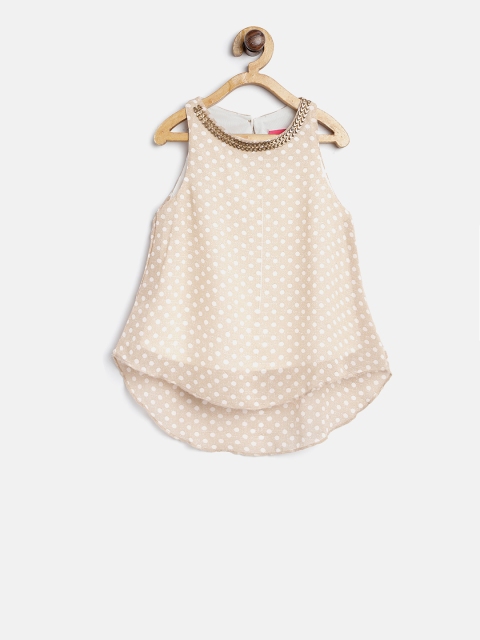 

Tiny Girl Beige & Off-White Polka Dot Printed A-Line Top