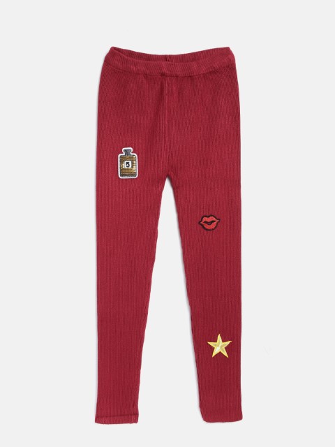 

Tiny Girl Maroon Ribbed Leggings with Applique Detail
