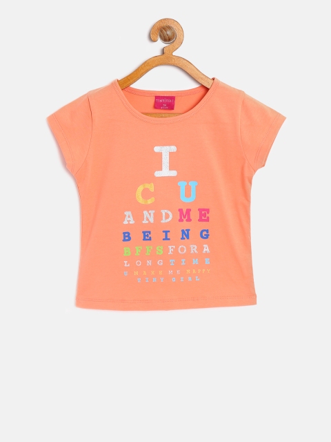 

Tiny Girl Peach-Coloured Printed Round Neck T-shirt