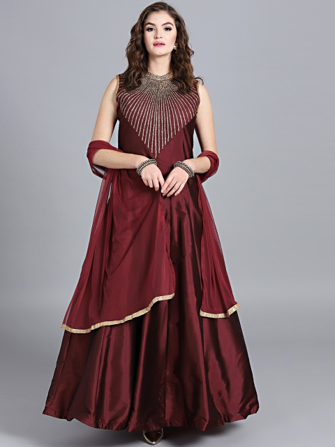 

Chhabra 555 Maroon Embellished Stitched Made to Measure Cocktail Gown with Dupatta