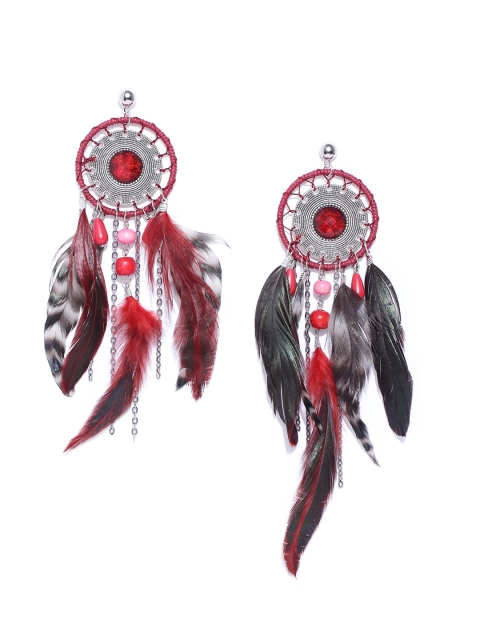 

Jewels Galaxy Maroon & Oxidised Silver-Toned Feather-Shaped Drop Earrings