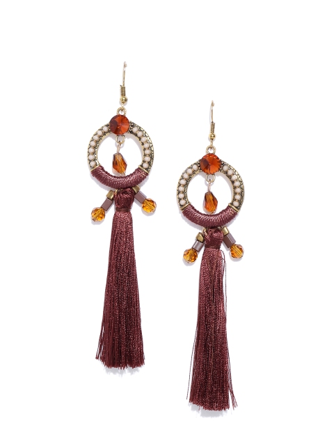 

Jewels Galaxy Brown Antique Gold-Plated Handcrafted Tasselled Contemporary Drop Earrings