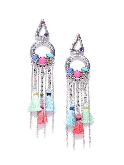 

Jewels Galaxy Silver-Toned & Blue Handcrafted Tasselled Contemporary Drop Earrings