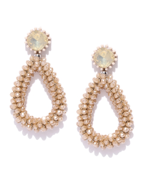 

Jewels Galaxy Beige Beaded & Stone-Studded Handcrafted Teardrop Shaped Drop Earrings