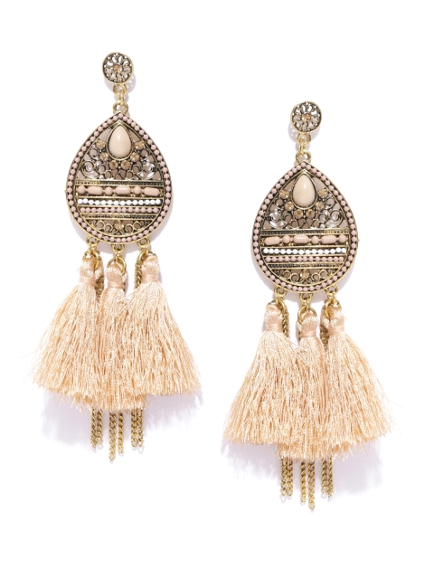 

Jewels Galaxy Beige Antique Gold-Plated Handcrafted Teardrop-Shaped Drop Earrings