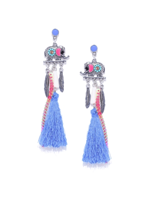 

Jewels Galaxy Blue & Silver-Toned Handcrafted Tasselled Contemporary Drop Earrings