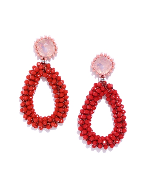 

Jewels Galaxy Red & Peach-Coloured Beaded Handcrafted Teardrop Shaped Drop Earrings