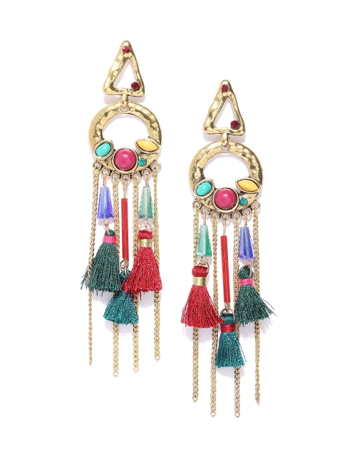 

Jewels Galaxy Red & Green Antique Gold-Plated Handcrafted Tasselled Drop Earrings