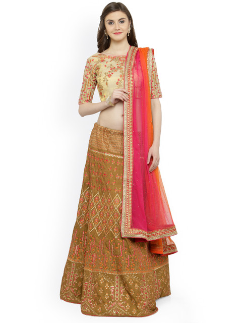 

Shaily Brown & Cream-Coloured Embroidered Semi-Stitched Lehenga & Unstitched Blouse with Dupatta