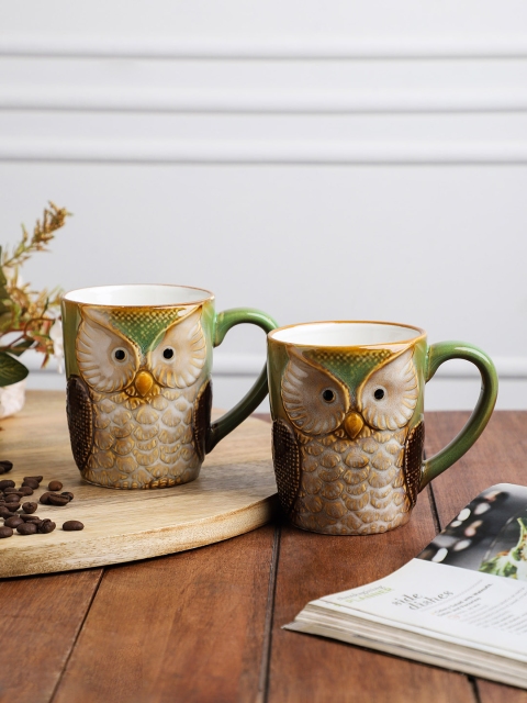 

OddCroft Olive Green & Beige 2-Pieces Textured Ceramic Cups Set