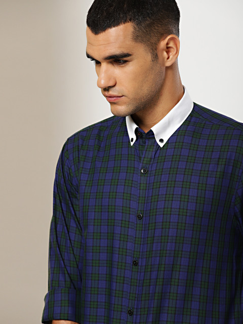 

INVICTUS Men Navy Blue & Green Slim Fit Tartan Checks Smart Casual Shirt