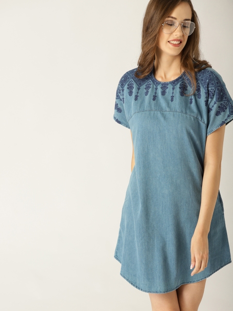 

ESPRIT Women Blue Solid Denim A-Line Dress