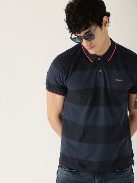 

ESPRIT Men Navy Blue Striped Polo Collar T-shirt