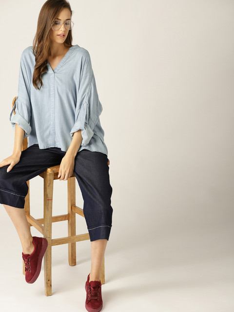 

ESPRIT Women Blue Chambray Solid Boxy Top