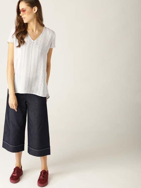 

ESPRIT Women White Self-Striped High-Low Top