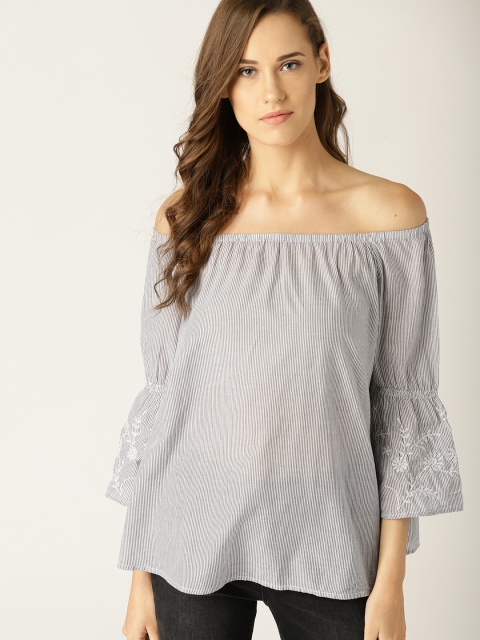 

ESPRIT Women White & Grey Striped Bardot Top