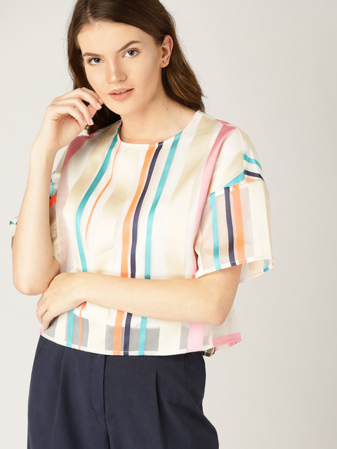 

ESPRIT Women Off-White and Blue Striped Crop Top