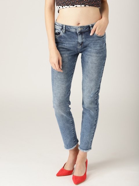 

ESPRIT Women Blue Slim Fit Mid-Rise Low Distress Stretchable Cropped Jeans