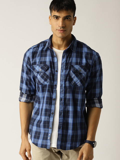 

ESPRIT Men Navy Blue Slim Fit Checked Casual Shirt