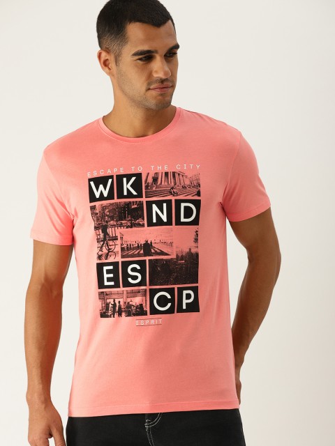 

ESPRIT Men Peach-Coloured Printed Round Neck Pure Cotton T-shirt