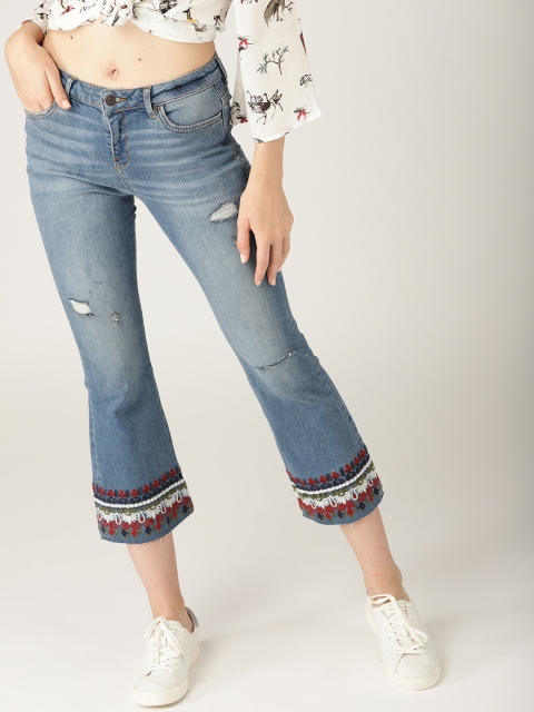 

ESPRIT Women Blue Flared Mid-Rise Low Distress Stretchable Cropped Jeans