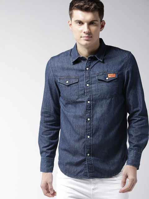 

Superdry Men Navy Blue Chambray Regular Fit Solid Casual Shirt