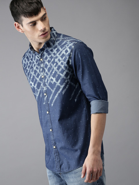 

Moda Rapido Men Blue Printed Chambray Shirt