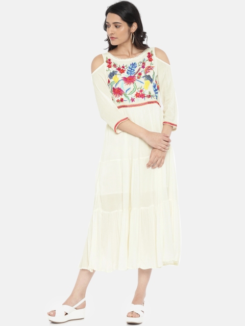 

Colour Me by Melange Women Off-White Embroidered Cold Shoulder A-Line Dress