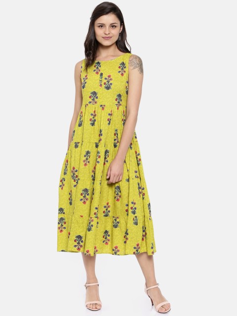 

Colour Me by Melange Women Lime Green Printed Empire Dress