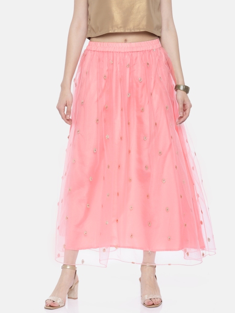 

Colour Me by Melange Women Peach-Coloured Embellished A-Line Maxi Net Skirt
