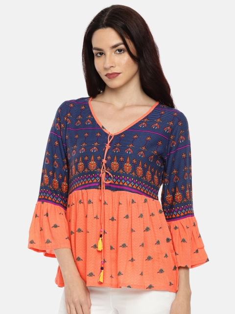 

Colour Me by Melange Women Coral Pink & Navy Blue Printed Peplum Top