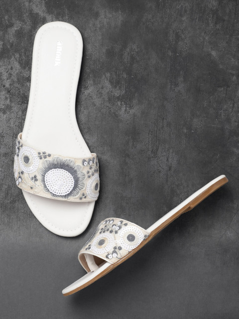 

Anouk Women White & Grey Woven Design Open Toe Flats