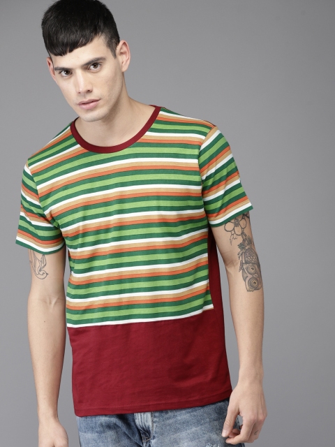 

Moda Rapido Men Maroon & Green Striped Round Neck T-shirt