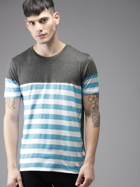 

Moda Rapido Men White & Blue Striped Round Neck T-shirt