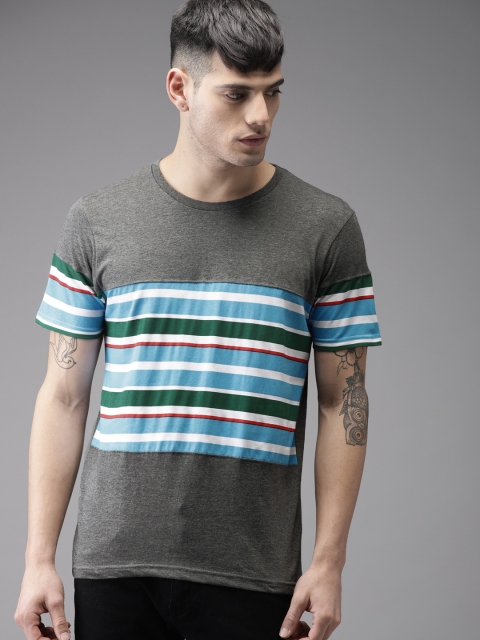 

Moda Rapido Men Charcoal Grey & Blue Striped Round Neck T-shirt