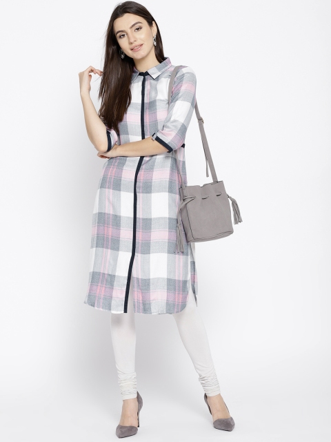 

AURELIA Women White & Navy Blue Checked Straight Kurta