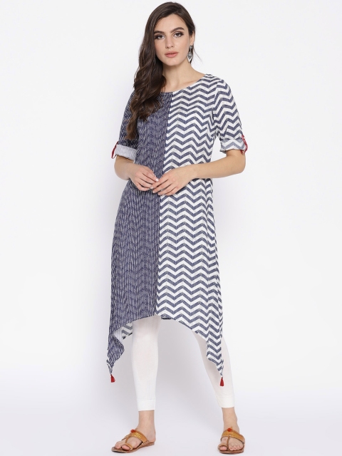 

AURELIA Women Blue & Off-White Striped A-Line Kurta