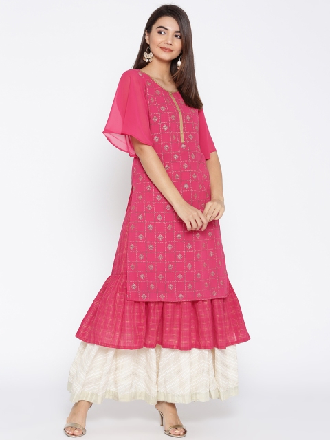 

AURELIA Women Pink & Golden Printed Layered A-Line Kurta