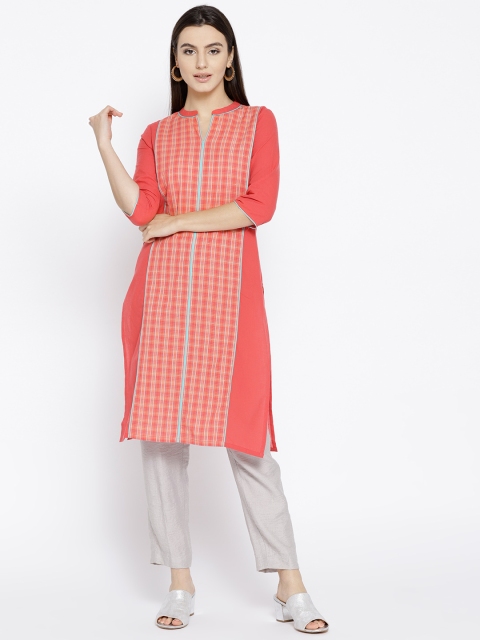 

AURELIA Women Coral Orange Checked Straight Kurta