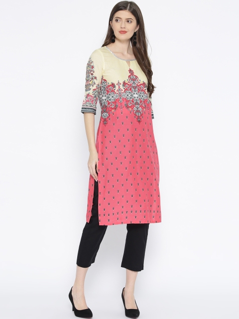 

AURELIA Women Pink & Yellow Printed Straight Kurta