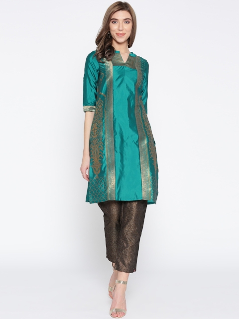 

AURELIA Women Green & Golden Woven Design Straight Kurta