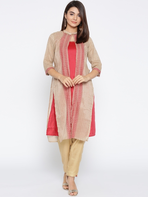 

AURELIA Women Red Solid Straight Kurta with Ethnic Jacket