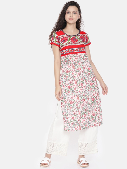 

AURELIA Women White & Red Printed Straight Kurta