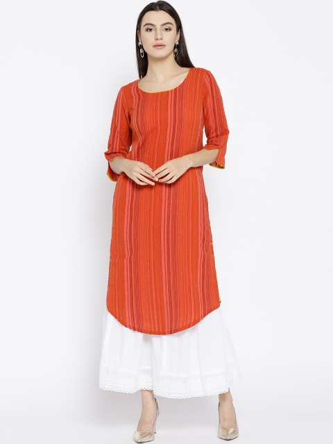 

AURELIA Women Rust Orange Self-Striped Straight Kurta