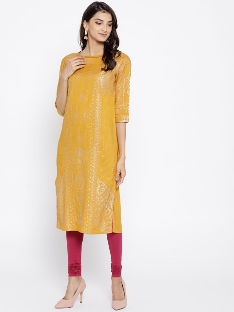

AURELIA Women Mustard Yellow & Silver Printed Kurta
