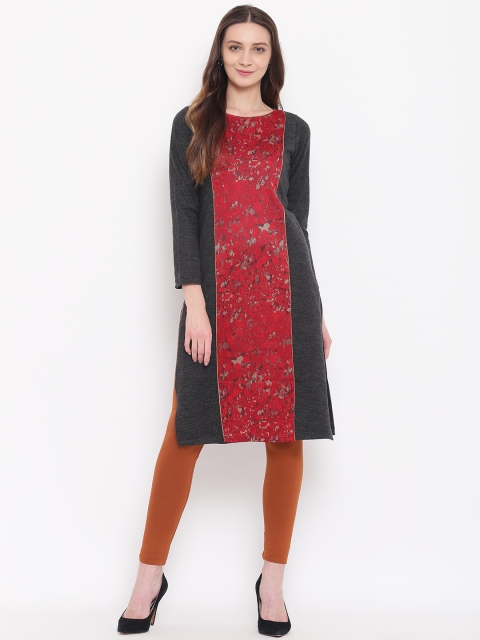 

AURELIA Women Charcoal Grey & Red Woven Design Straight Kurta