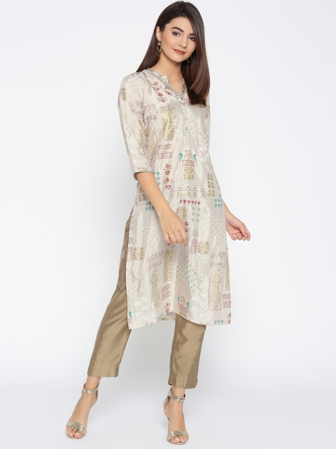 

AURELIA Women Off-White & Golden Sheen Printed Straight Kurta