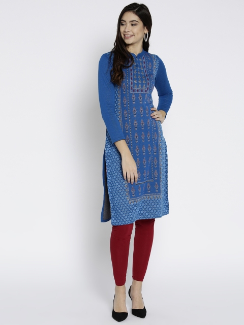 

AURELIA Women Blue & Red Woven Design Shimmery Straight Winter Kurta